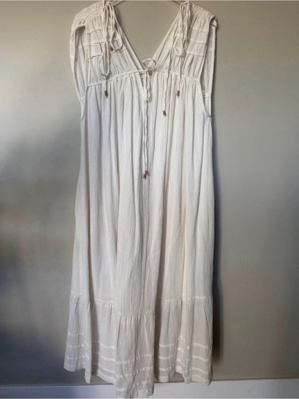 Free People Boho Coastal Flowy Ethereal Tiered Off White Maxi Dress w Pocket s L